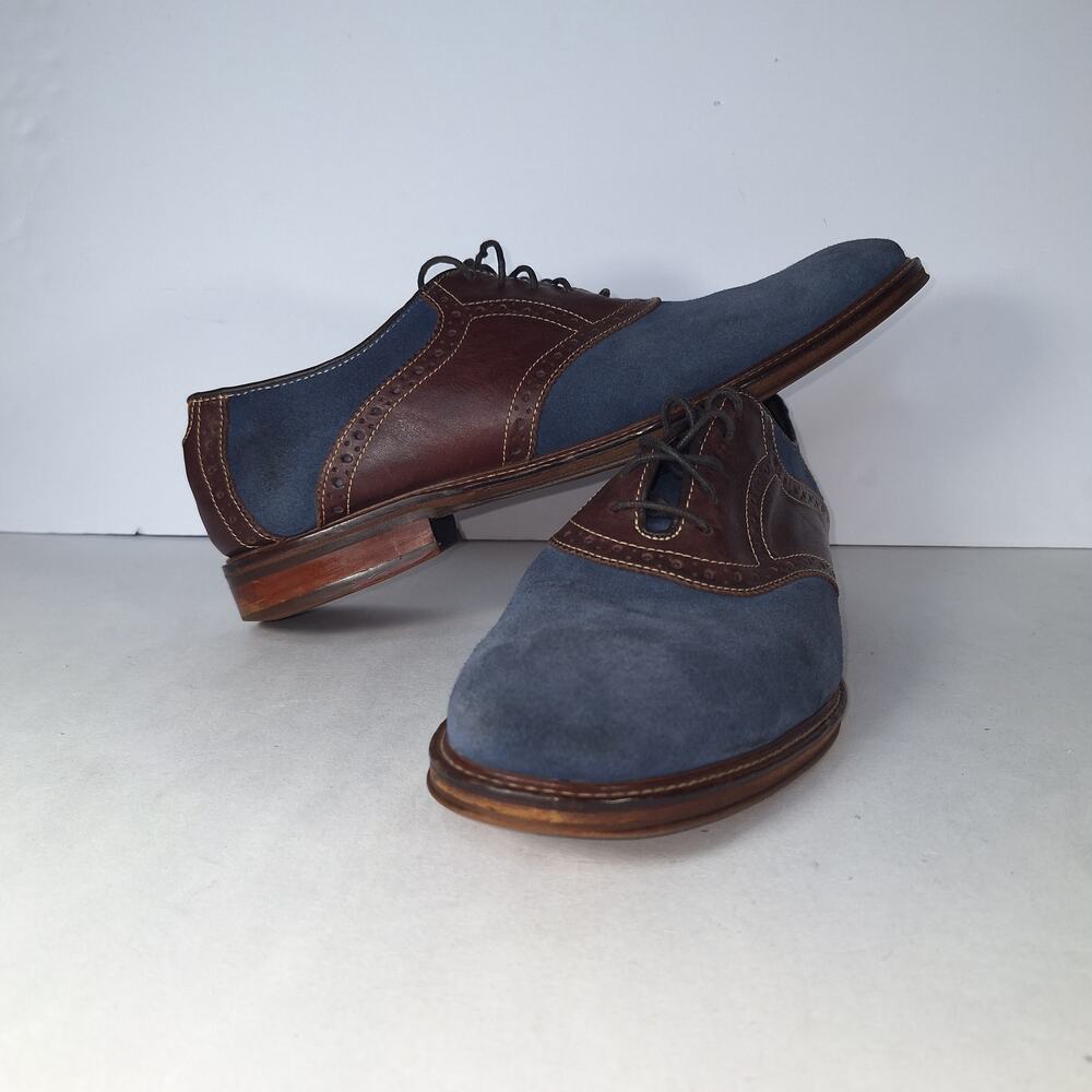 Johnston & Murphy Men's Oxford Dress Shoes 12M Brown Blue Suede Wingtip Brogue - Picture 2 of 12